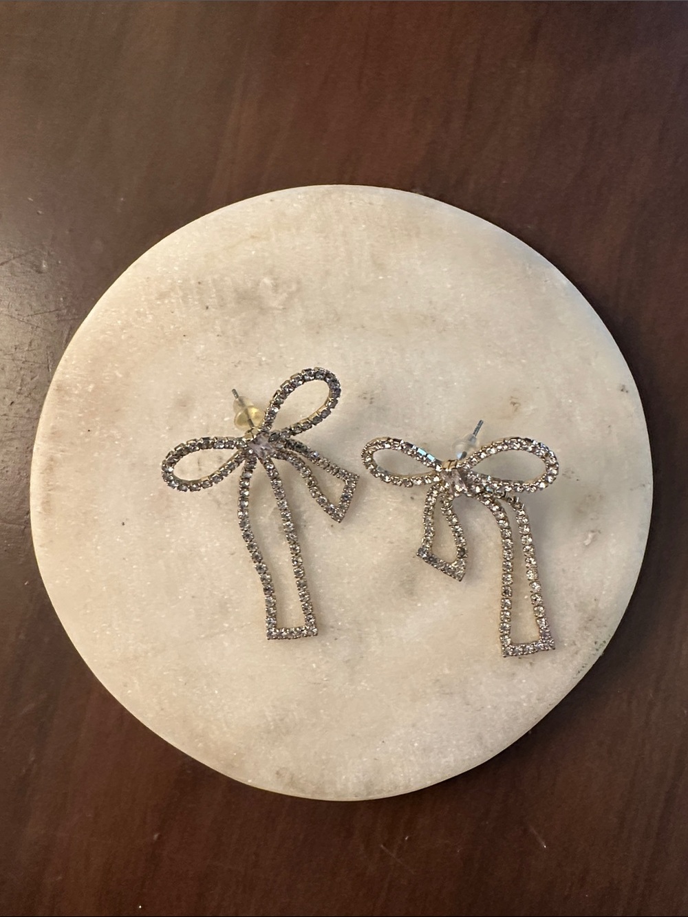 Rhinestone Bow Drop Earrings - Sparkling Silver Tone